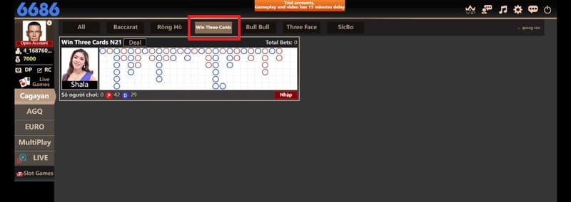 Bạn chọn vào sảnh Asia Gaming và sau đó chọn vào game bài win three cards